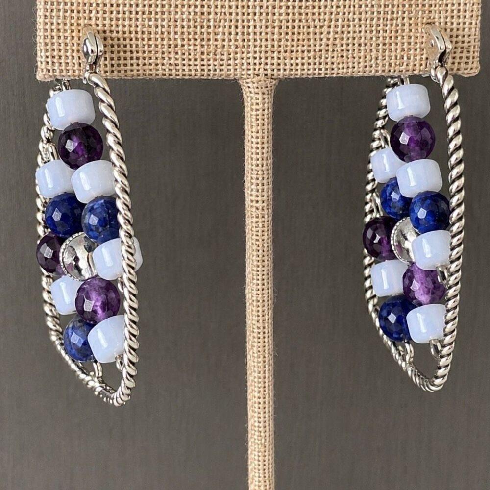 QVC HUEtopia Sterling Silver Gemstone Beaded Hoop Earrings